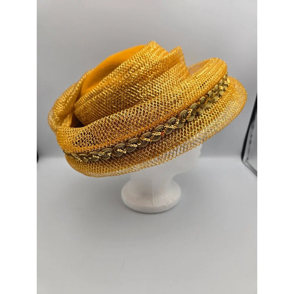 Vintage‎ Pillbox Hat Women OS Mustard Yellow Excellent Gold Mesh Sequin ,Wool